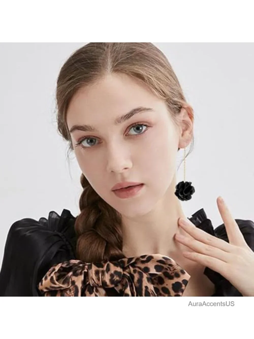 Matte Black Fabric Peony Long Drop Earrings Gold Chain